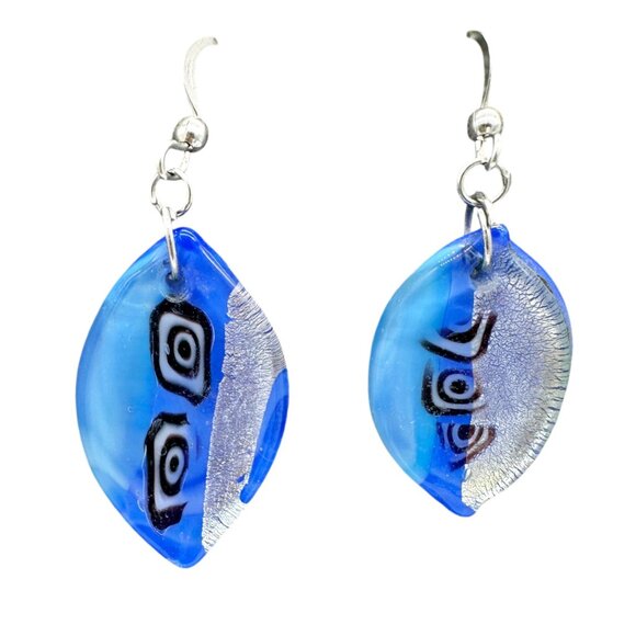 Handcrafted Fused Glass Necklace Earrings Set Blue Abstract Design Sheer Ribbon - Picture 3 of 13